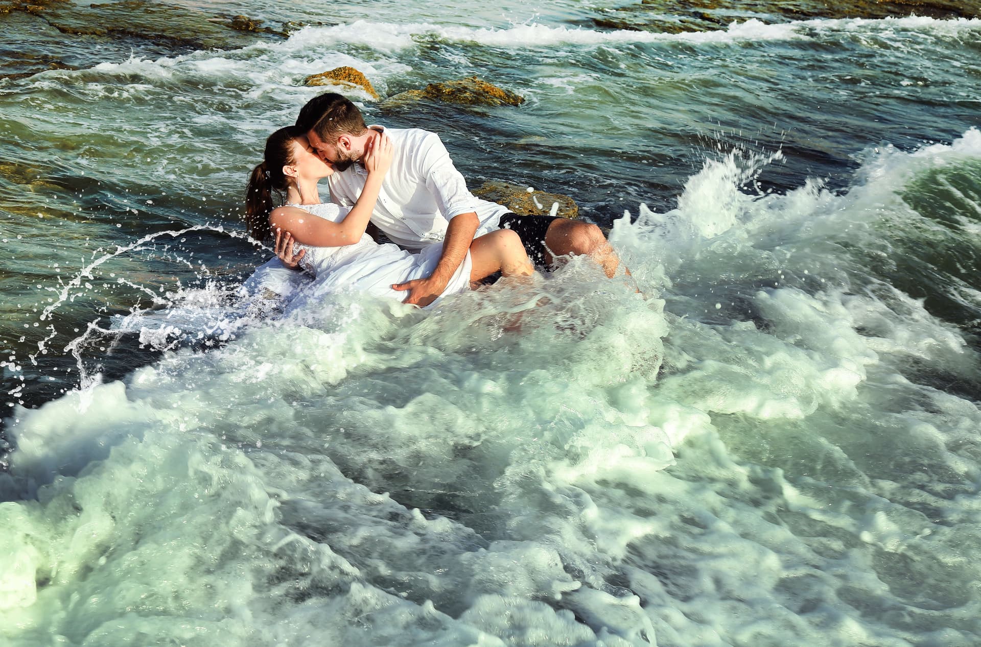 Wide love story landscape with couple