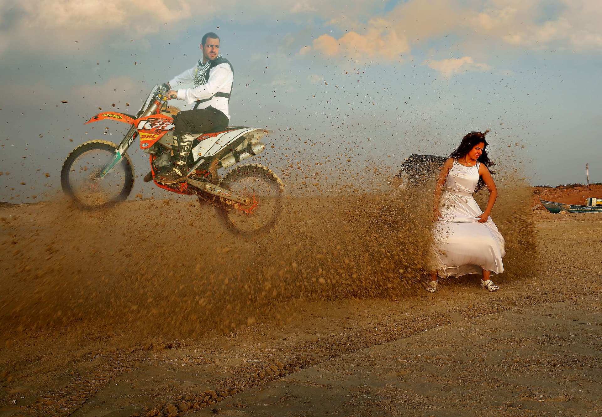 Romantic couple portrait urban backdrop